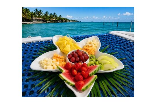 A fresh fruit and charcuterie platter served aboard a private Caribbean Watersports charter in Key Largo