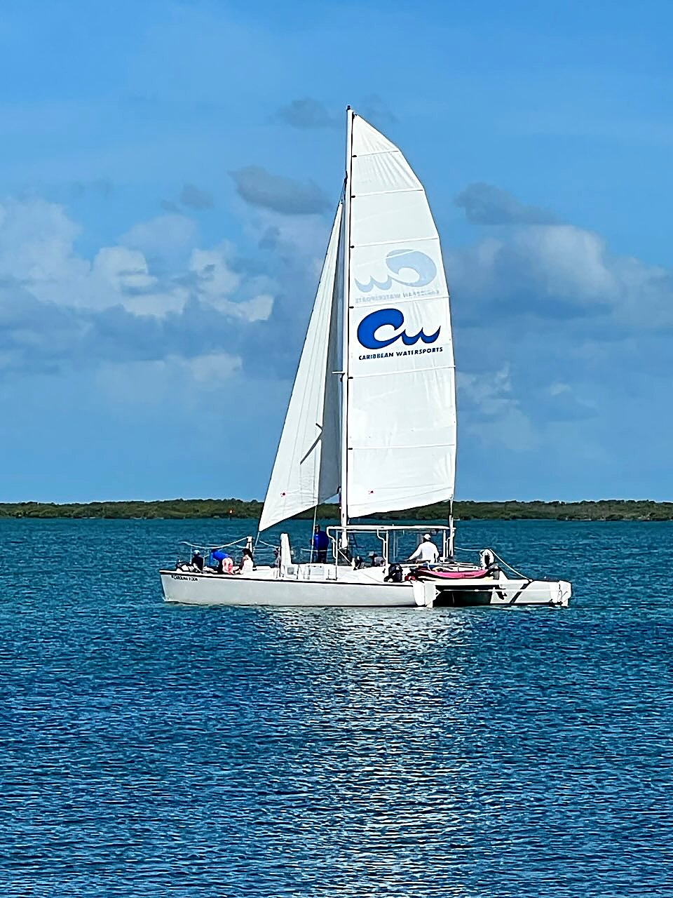 The Carolina Moon sailing catamaran under full sail with the blue Caribbean Watersports logo on its mainsail over the turquoise water of Florida Bay in Key Largo