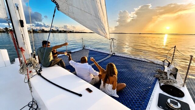 A group of guests raising their glasses to toast on the trampoline of a catamaran during a Key Largo sunset cruise