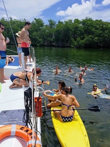 Guests snorkeling and paddleboarding beside the mangroves on a Caribbean Watersports catamaran tour in Key Largo