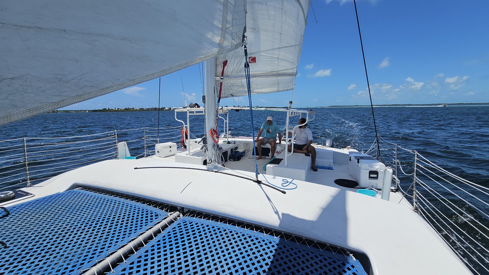 The Carolina Moon catamaran sailing smoothly across calm Florida Bay