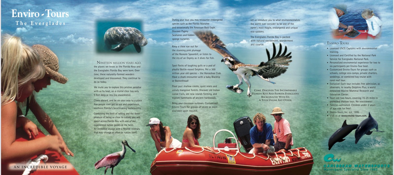 The original Enviro-Tours brochure spread with photos of dolphins, an osprey and guests aboard the red boat